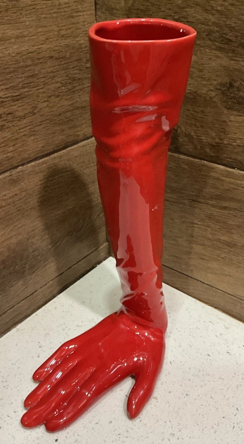 Vintage RED Ceramic Right Hand Vase GLOVE Glossy Elegant Design, - 12 x 4” Vintage RED Ceramic Right Hand Vase GLOVE Glossy Elegant Design, - 12 x 4”
