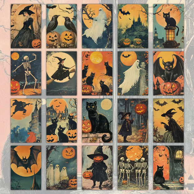 20 Halloween Postcard Lot Girl Witch Ghost Skeleton Broom Cat Pumpkin Crow Retro