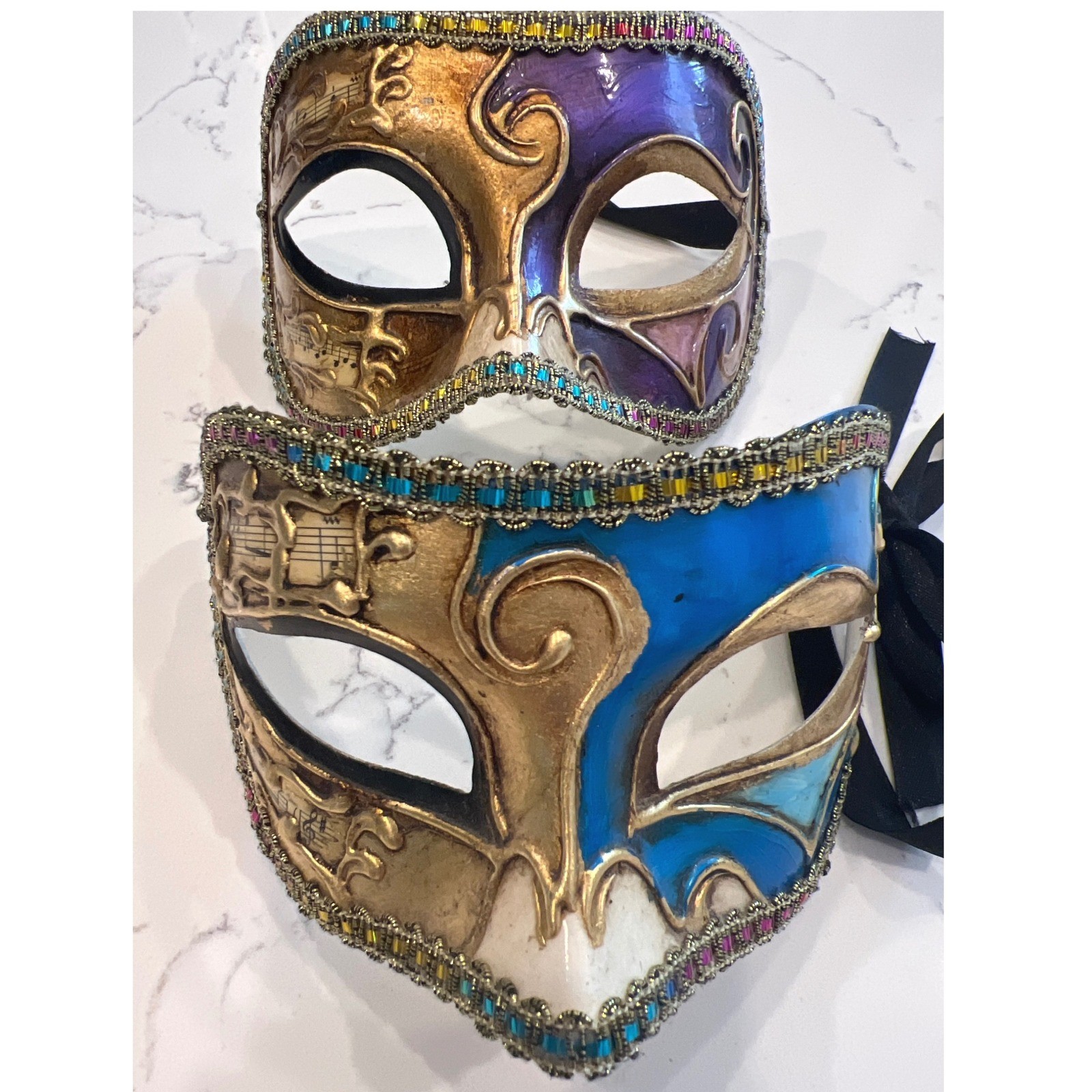Original Venezia Hand Painted Made in Italy Venetian Masquerade Mask Set 2 Music