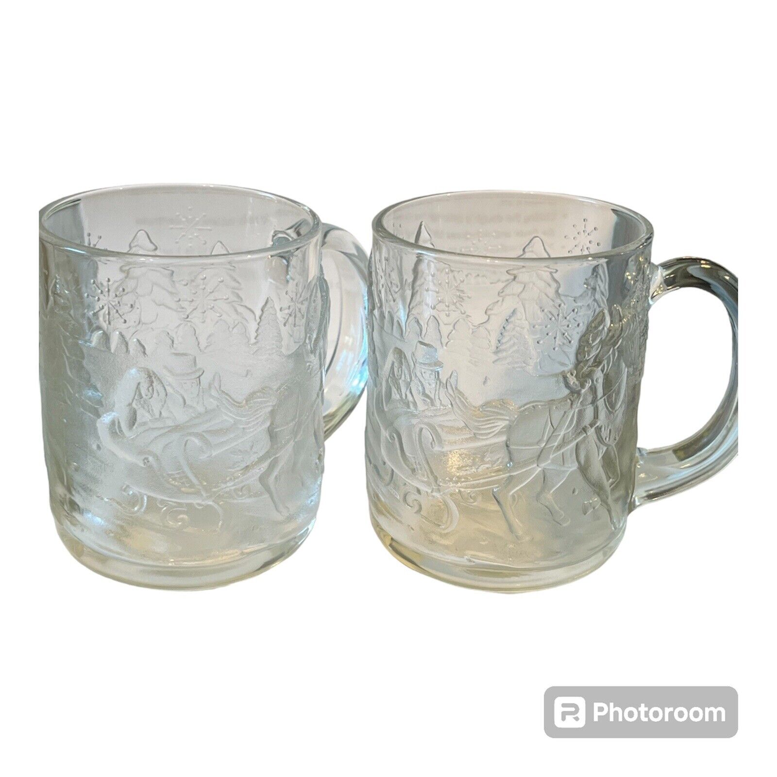 Luminarc USA Horse Drawn Sleigh Clear Glass Mugs Hot Chocolate Christmas Cup
