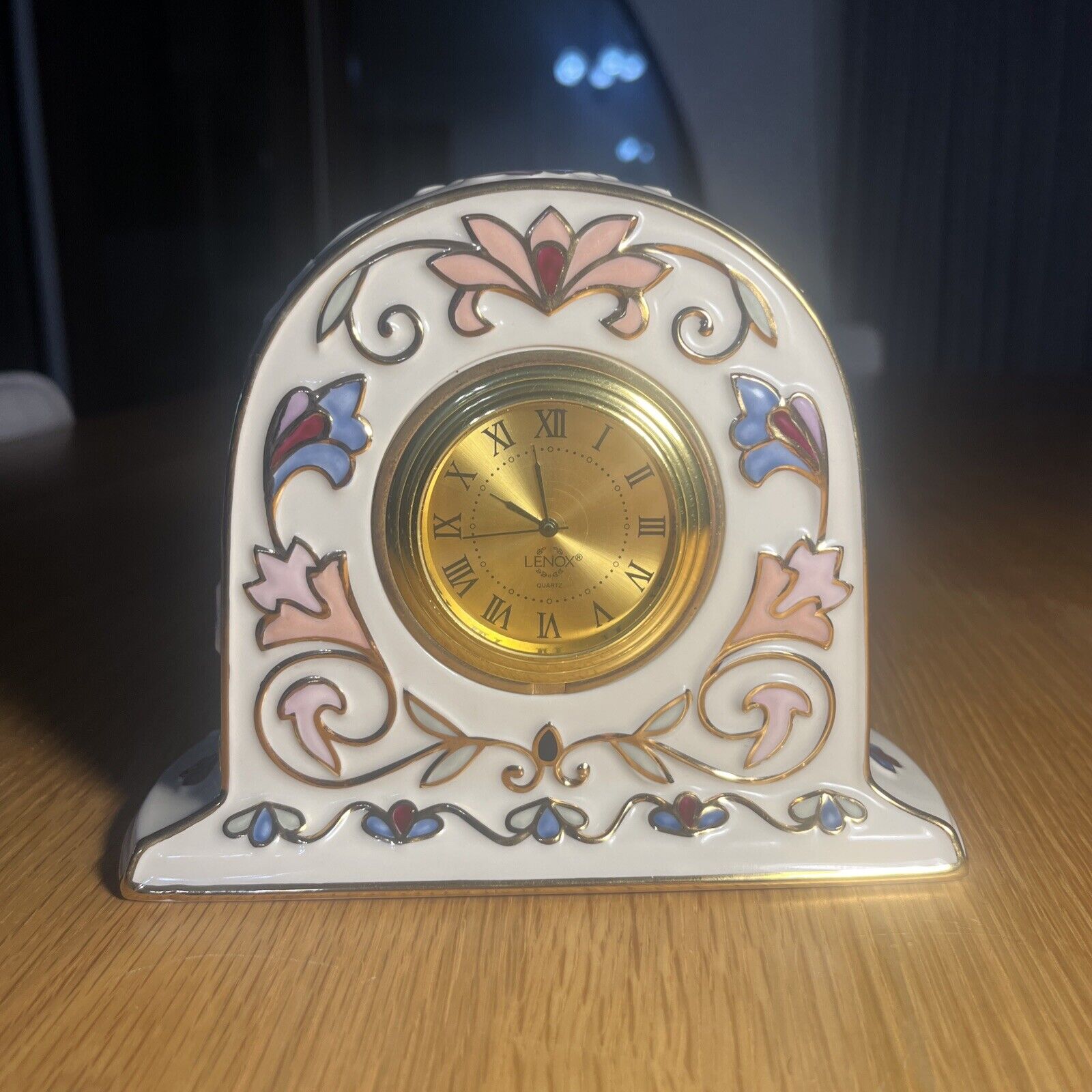 Lenox Gilded Garden Clock Multicolored Floral Porcelain. Quartz Clock