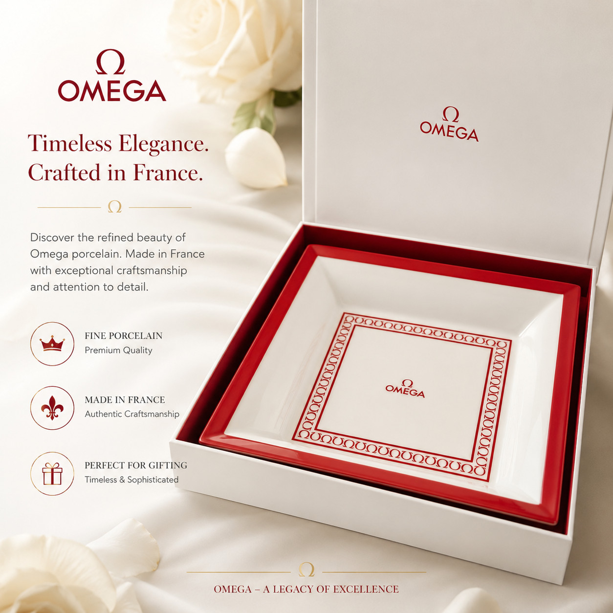 Omega Porcelaine de Limoges Trinket Tray red and white w/ Omega symbols Omega Porcelaine de Limoges Trinket Tray red and white w/ Omega symbols