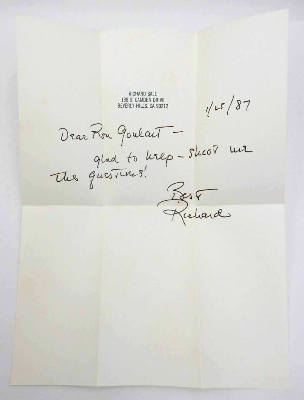 RICHARD SALE AUTHOR SIGNED LETTER TO HISTORIAN RON GOULART 1987 (WITH LOA)