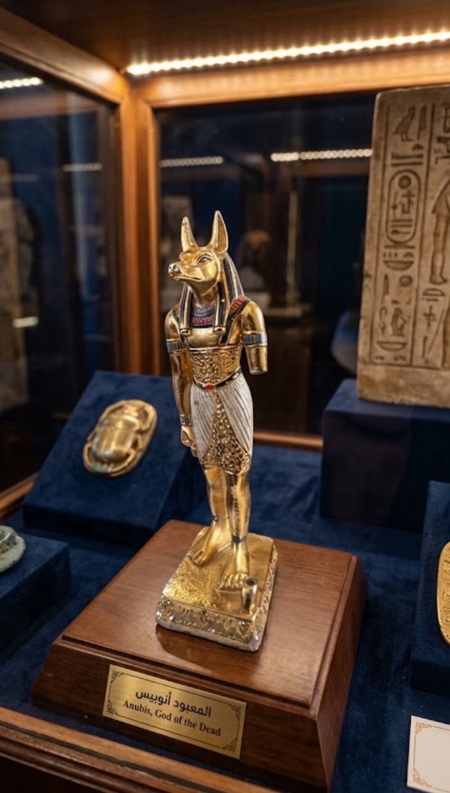 A golden Egyptian Anubis god statue with intricate details on a white A golden Egyptian Anubis god statue with intricate details on a white