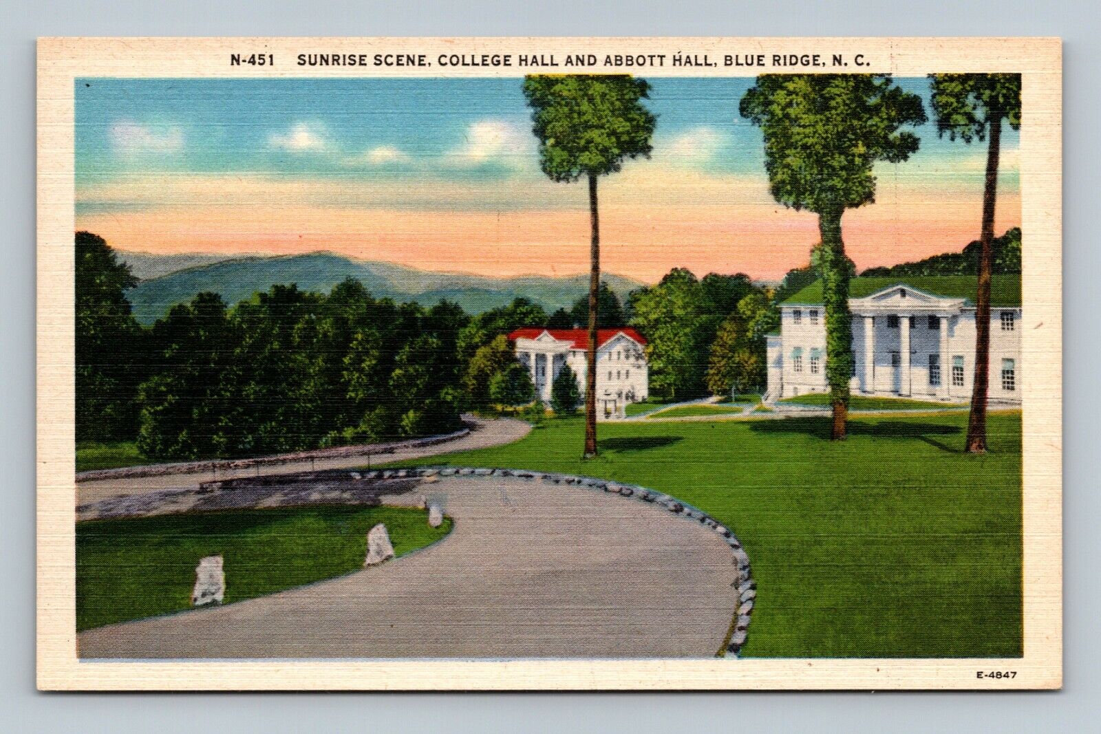 Sunrise Scene, College Hall  and Abbott Hall, Blue  Ridge N.C. - Linen Postcard