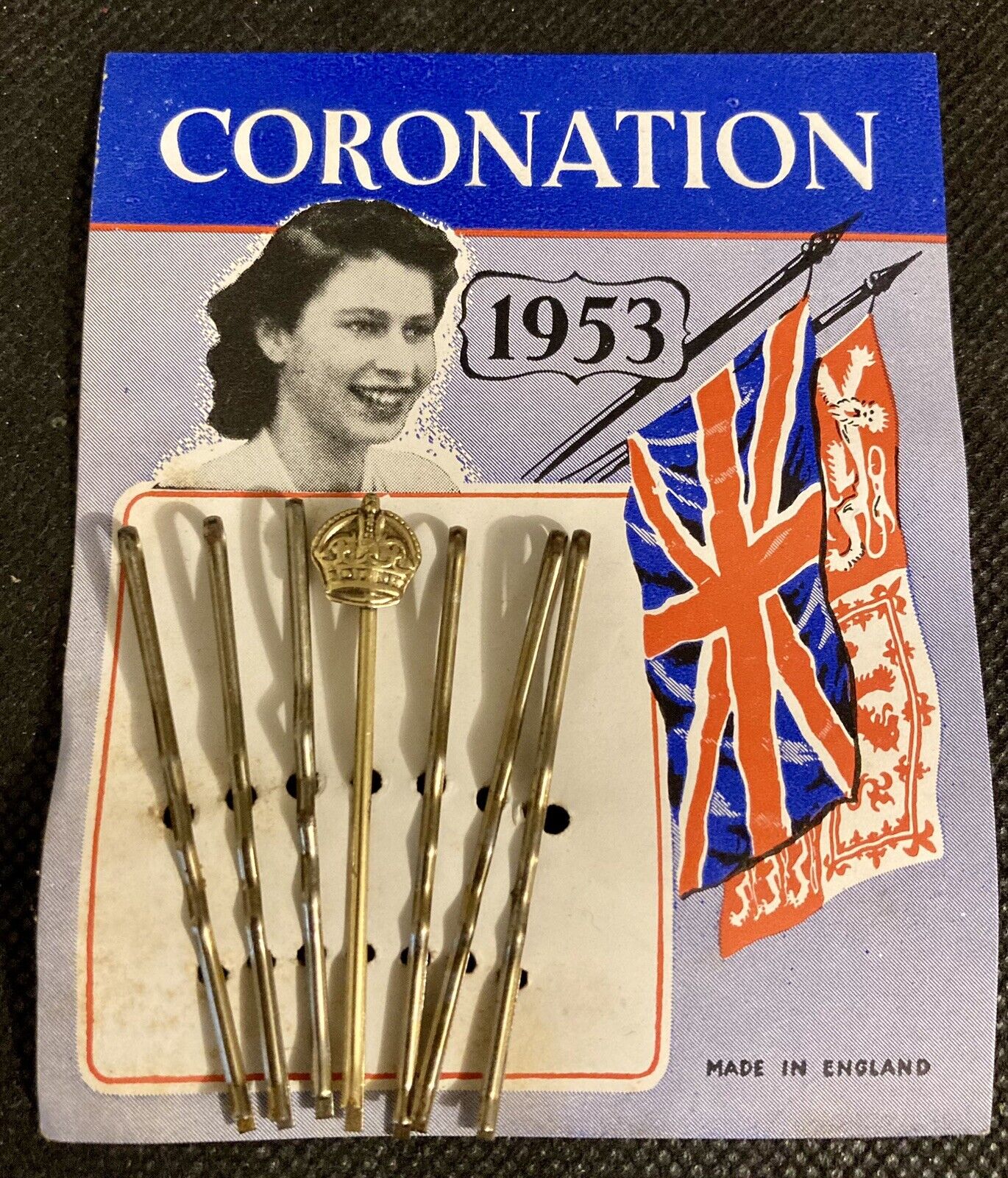 Queen Elizabeth II Coronation Commemorative 1953 Bobby Pins on Card NOS