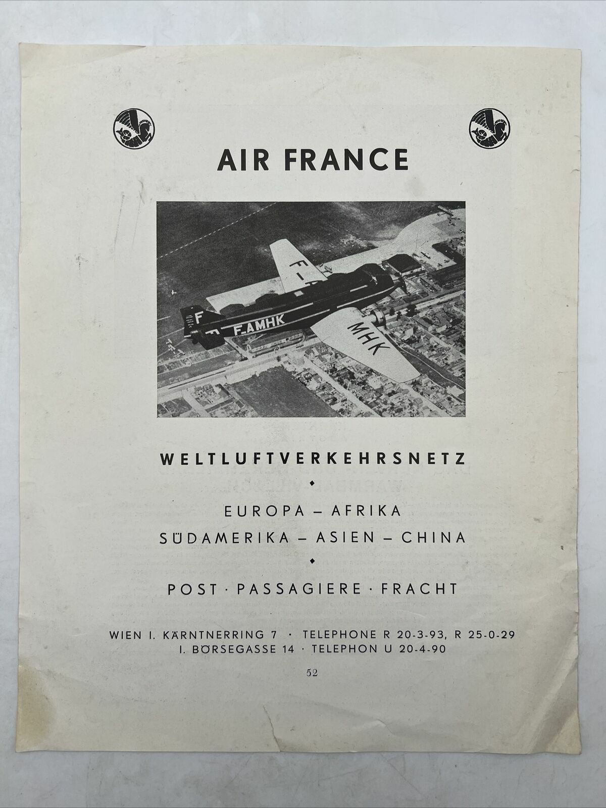 1936 AIR FRANCE WELTLUFTVERKEHRSNETZ Wibault 282-T12 Plane F_AMHK Brochure Flyer