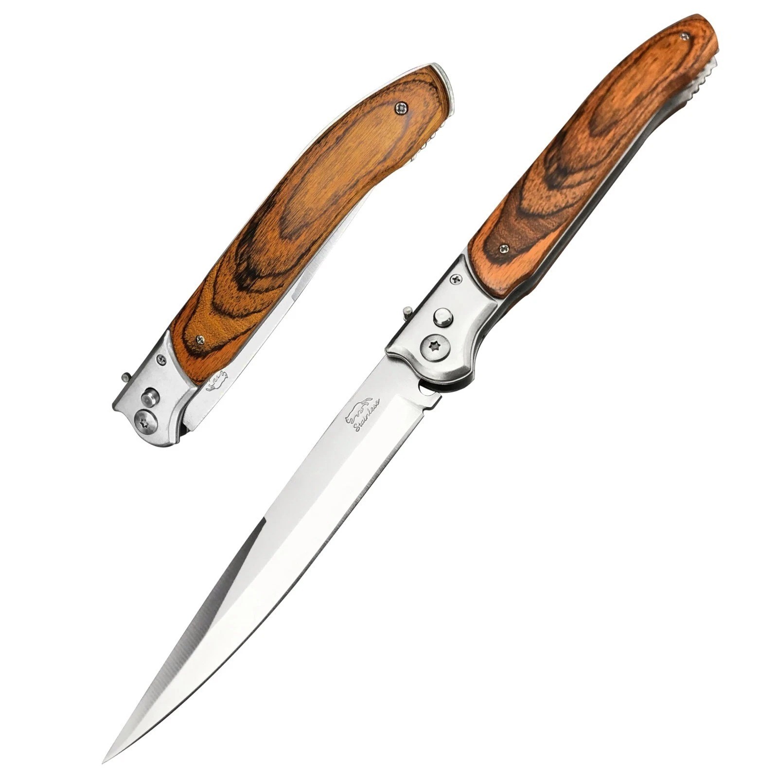Wood Black Tactical Spring Assisted Open Blade Folding Pocket Knife Hunting