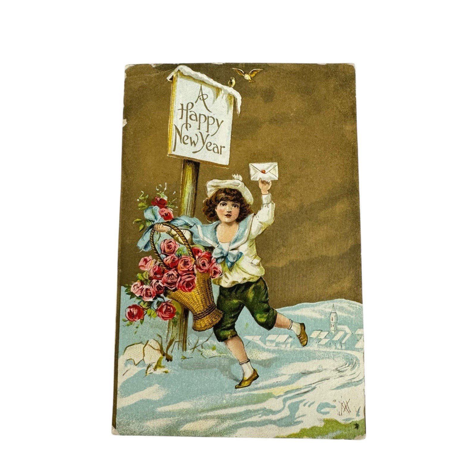 Vintage 1908 Happy Boy with Basket & Letter \ Vintage 1908 Happy Boy with Basket & Letter \