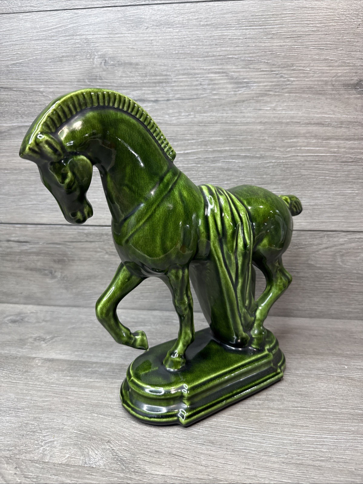 Vintage Lane & Co Trojan Tang Horse Statue  Avocado Green MCM Crazing
