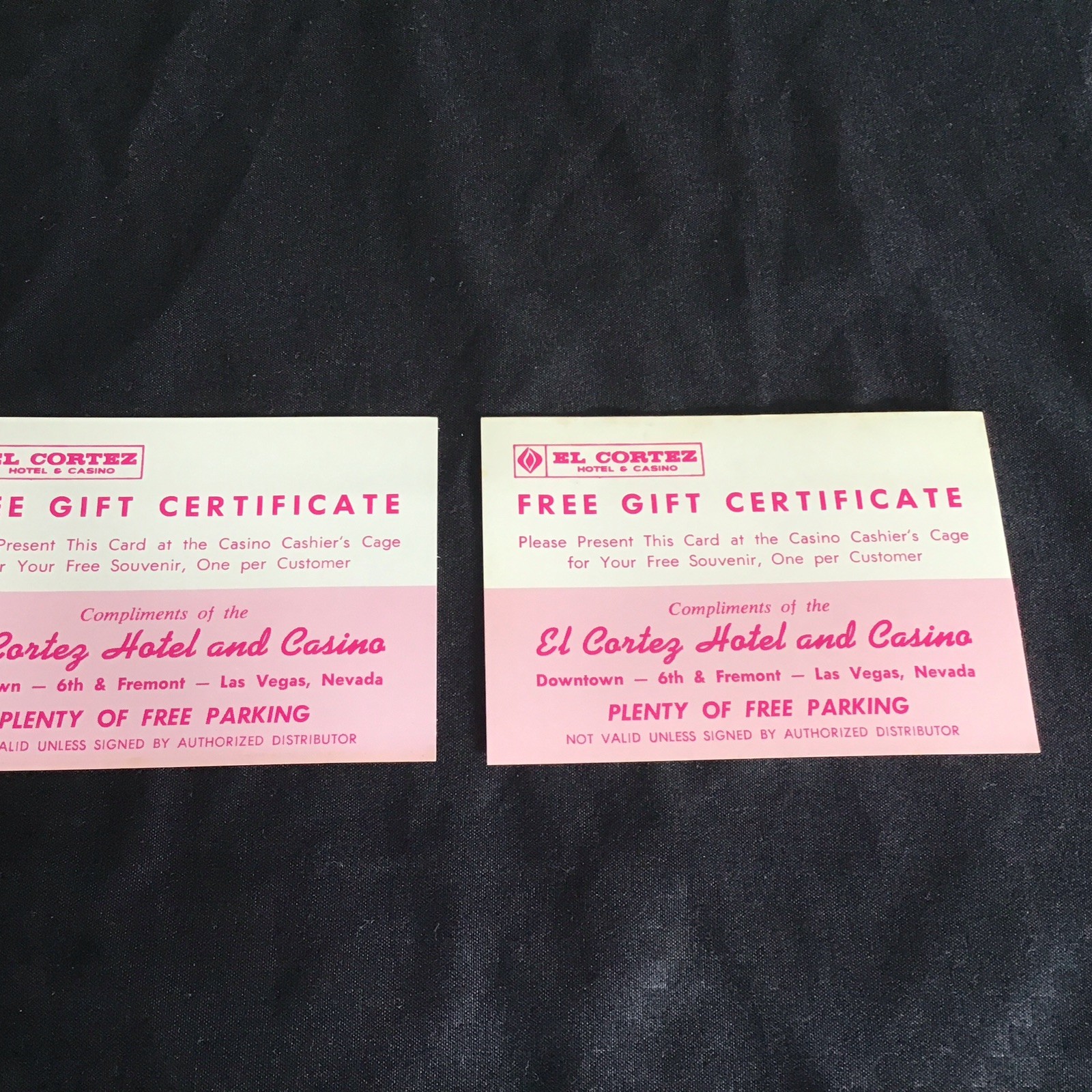 Pair El Cortez Hotel Casino Free Gift Certificate Las Vegas NV Free Parking Two