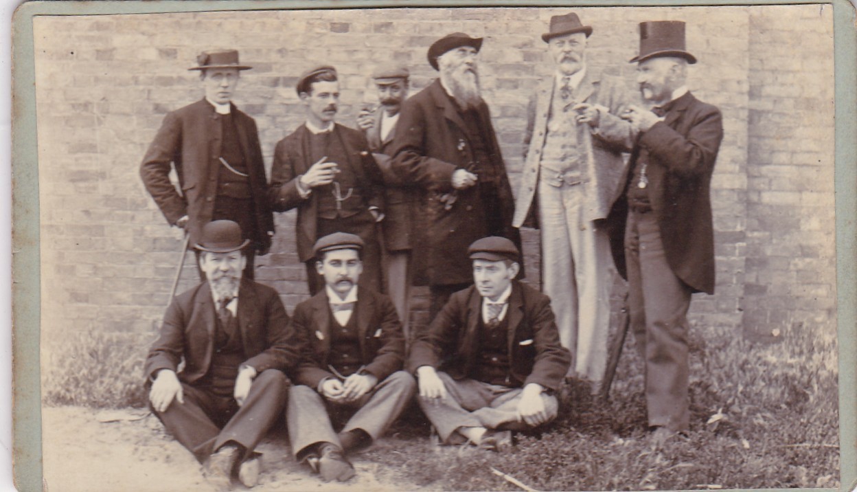 CDV PHOTO- GROUP OF  9 SMART MEN, ALL WEARING HATS. NO STUDIO