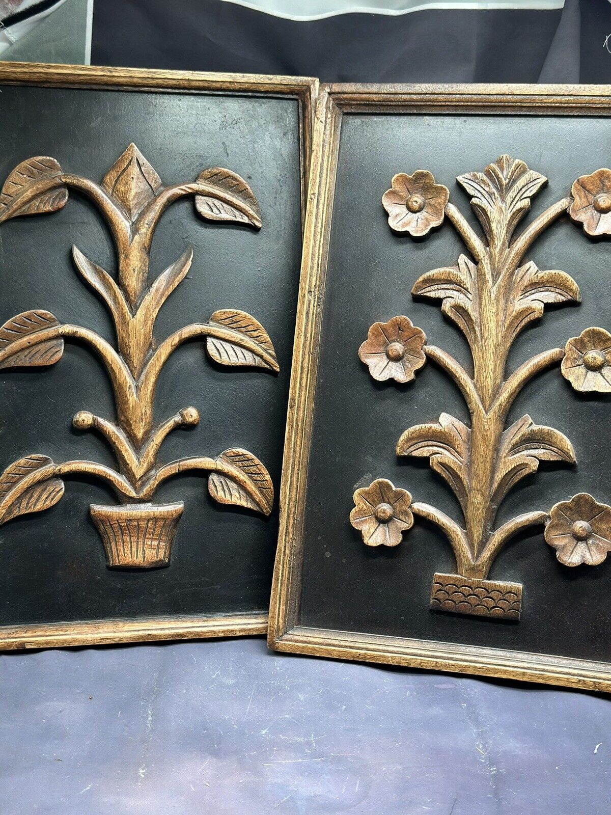 Vintage Mid Century Modern Wood Hand Carved Leaf Floral Plant Plaque MCM