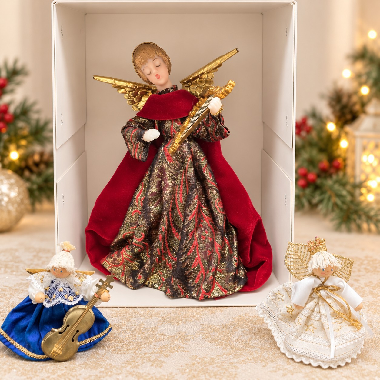 Vintage Koestel West Germany Wax Angel Harp Red Velvet Christmas Original Box