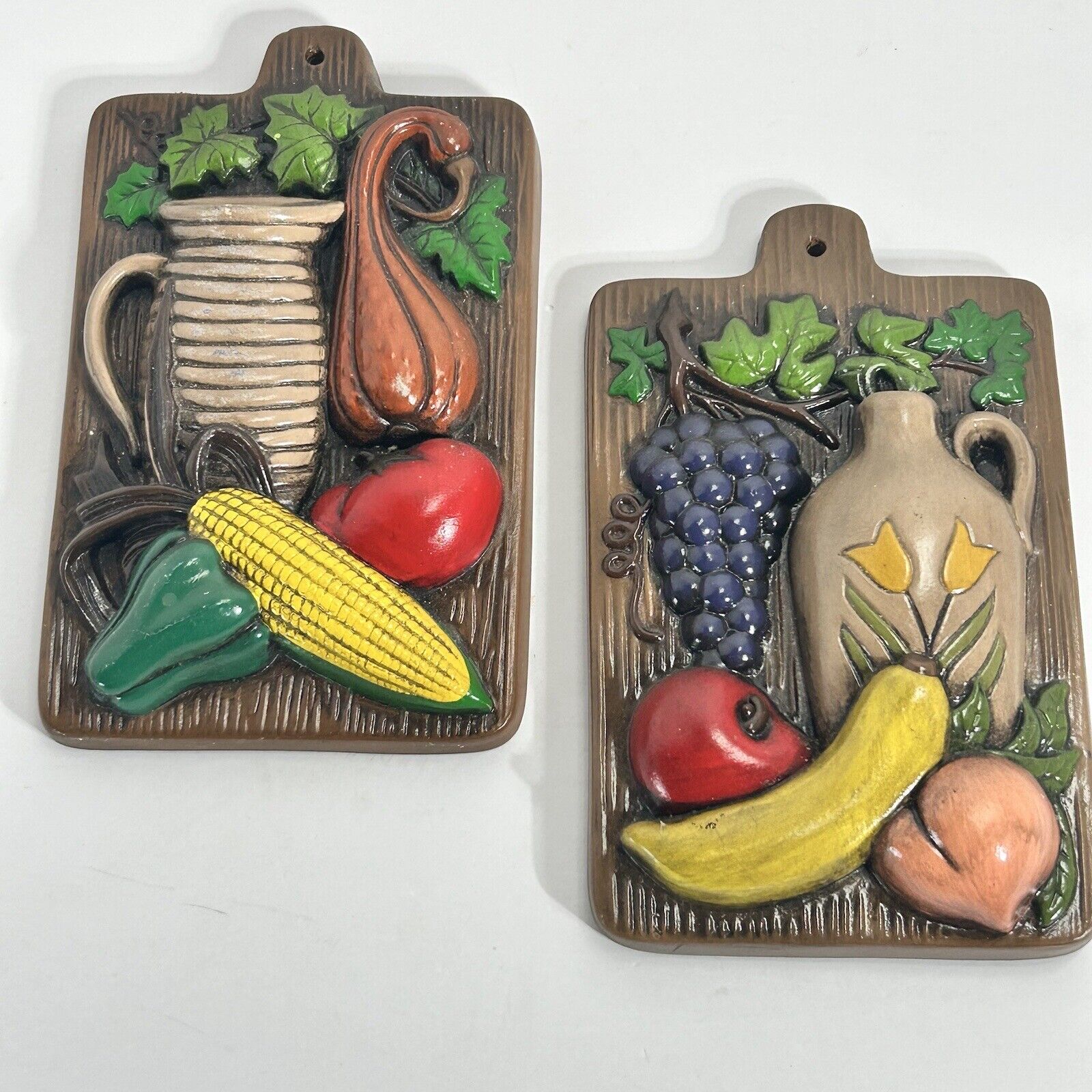 Vibrant Vtg Chalkware Decorative Plaques Fruit and Veggies on Cutting Board 2 Pc