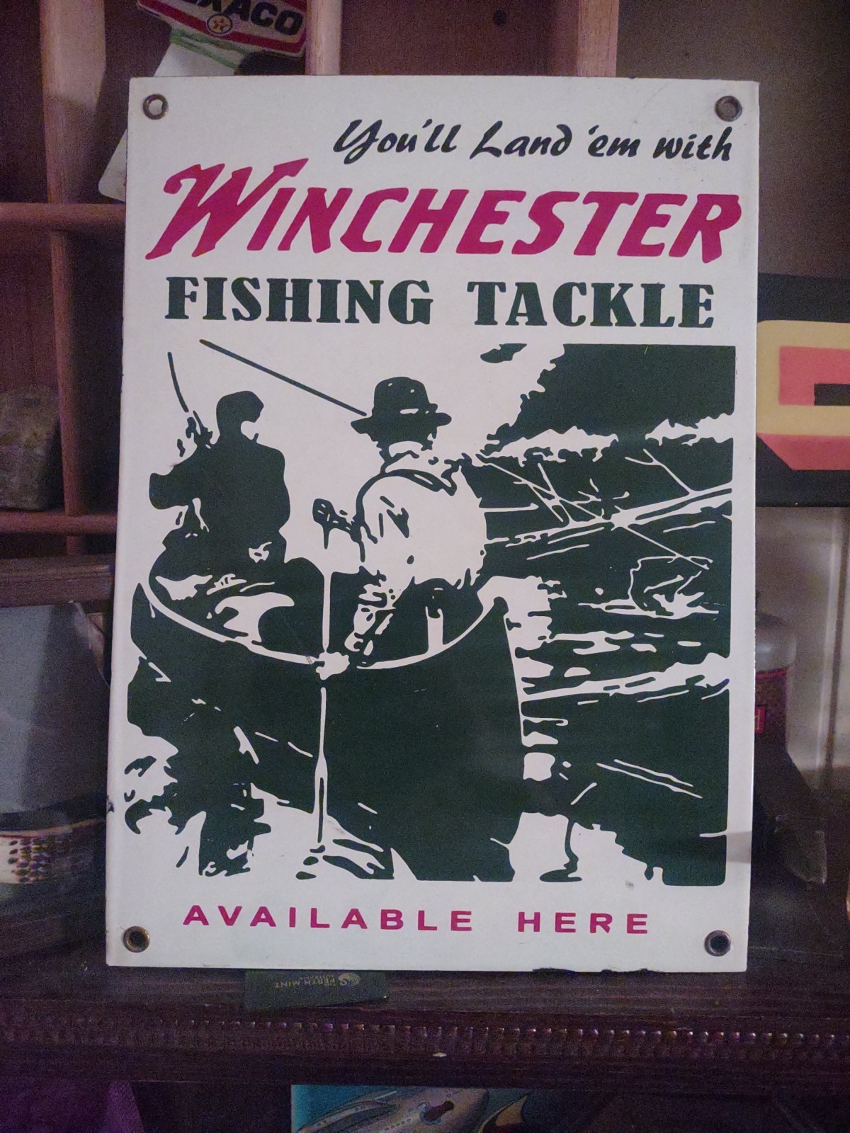 VTG LARGE WINCHESTER PORCELAIN SIGN FISHING TACKLE BAIT FIREARM GUN AMMO STORE VTG LARGE WINCHESTER PORCELAIN SIGN FISHING TACKLE BAIT FIREARM GUN AMMO STORE