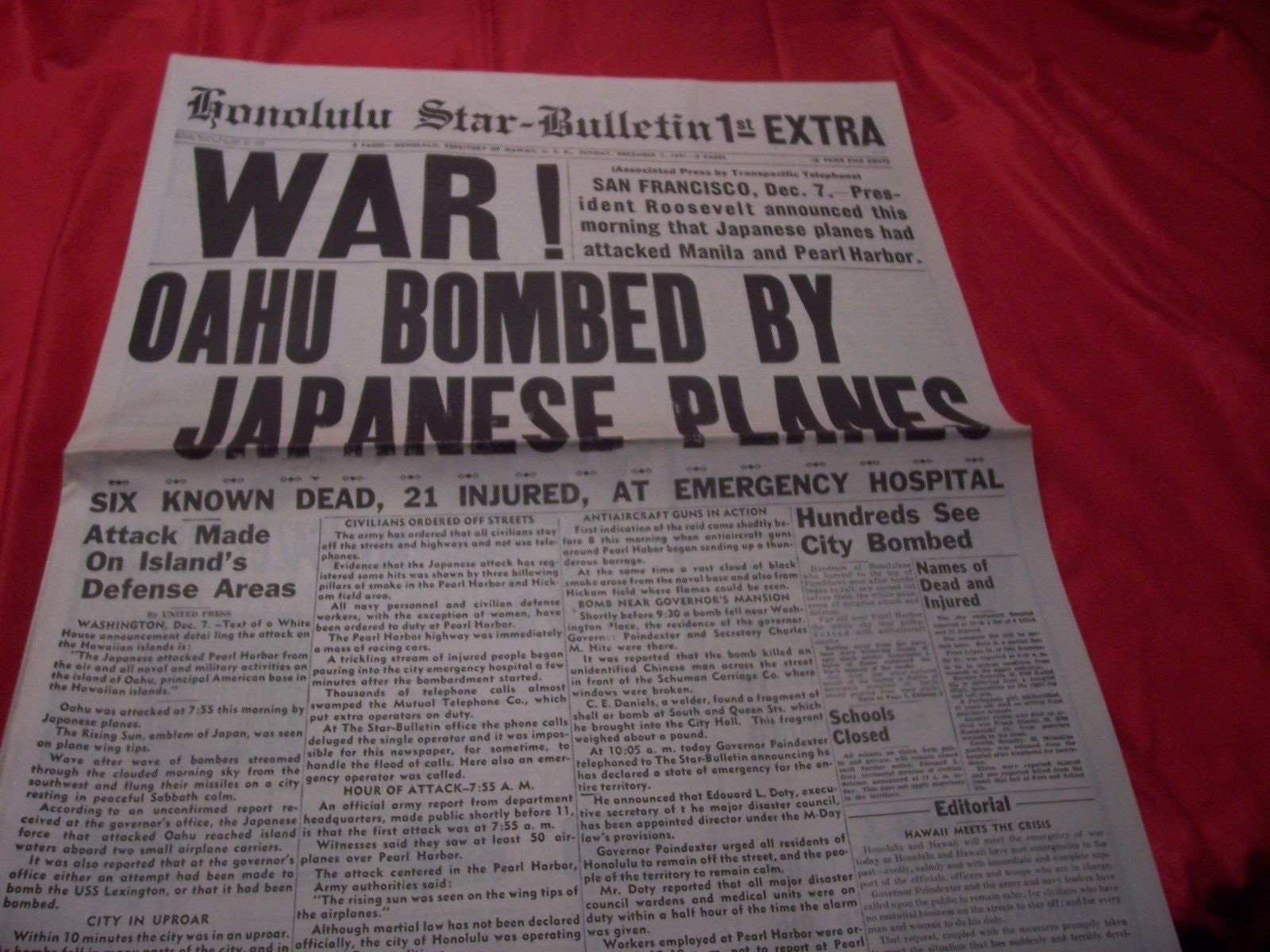 Honolulu Star-Bulletin Newspaper Attacked Pearl Harbor December 7, 1941 Honolulu Star-Bulletin Newspaper Attacked Pearl Harbor December 7, 1941