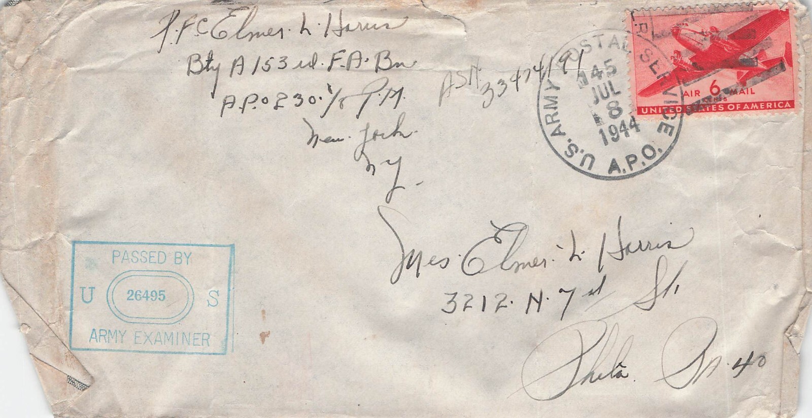 WWII Military Soldier Mail Letter Cover Army APO 230 Elmer Harris France 1944 WWII Military Soldier Mail Letter Cover Army APO 230 Elmer Harris France 1944