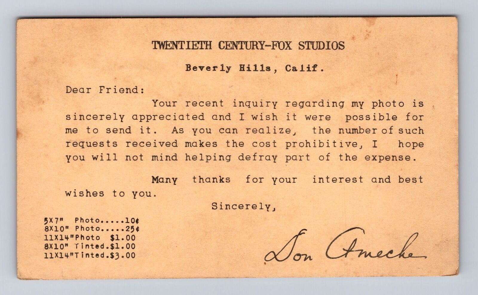 Beverly Hills CA-California-Twentieth Century Fox Studio Reply Vintage Postcard