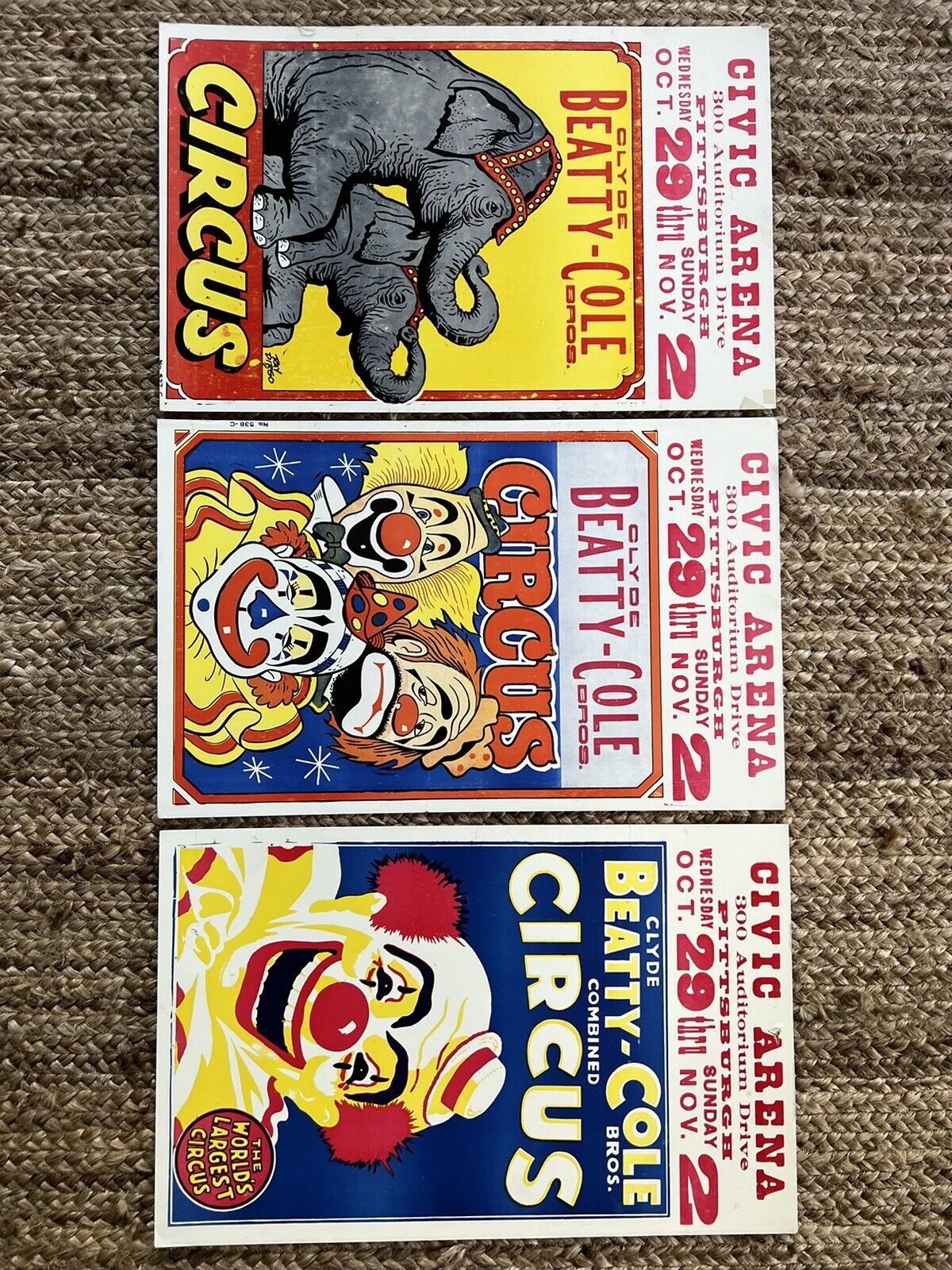 3 VTG Clyde Beatty Cole Bros Circus Cardboard Poster Pittsburgh Clown Elephant