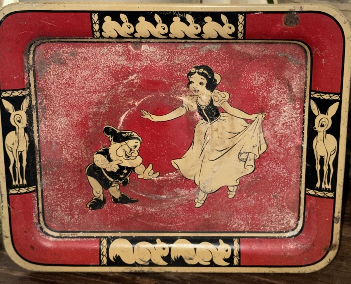 1937 Walt Disney Snow White DOC Deer Pink Tin SQUIRRELS Ohio Art DAIRY tray 1937 Walt Disney Snow White DOC Deer Pink Tin SQUIRRELS Ohio Art DAIRY tray