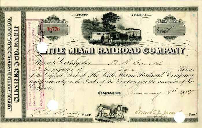 Little Miami Railroad Co. issued to D.B. Gamble - Stock Certificate - Autographe