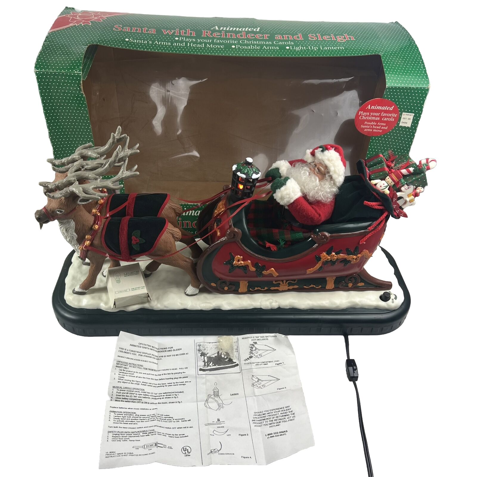 HOLIDAY CREATIONS Animated Musical Reindeer Santa On Sleigh Original Box Vintage