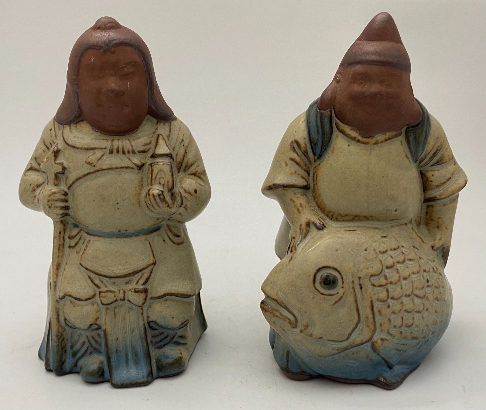 Vintage Japanese Redware Seven Lucky Gods Figurines Ebisu & Bishamonten