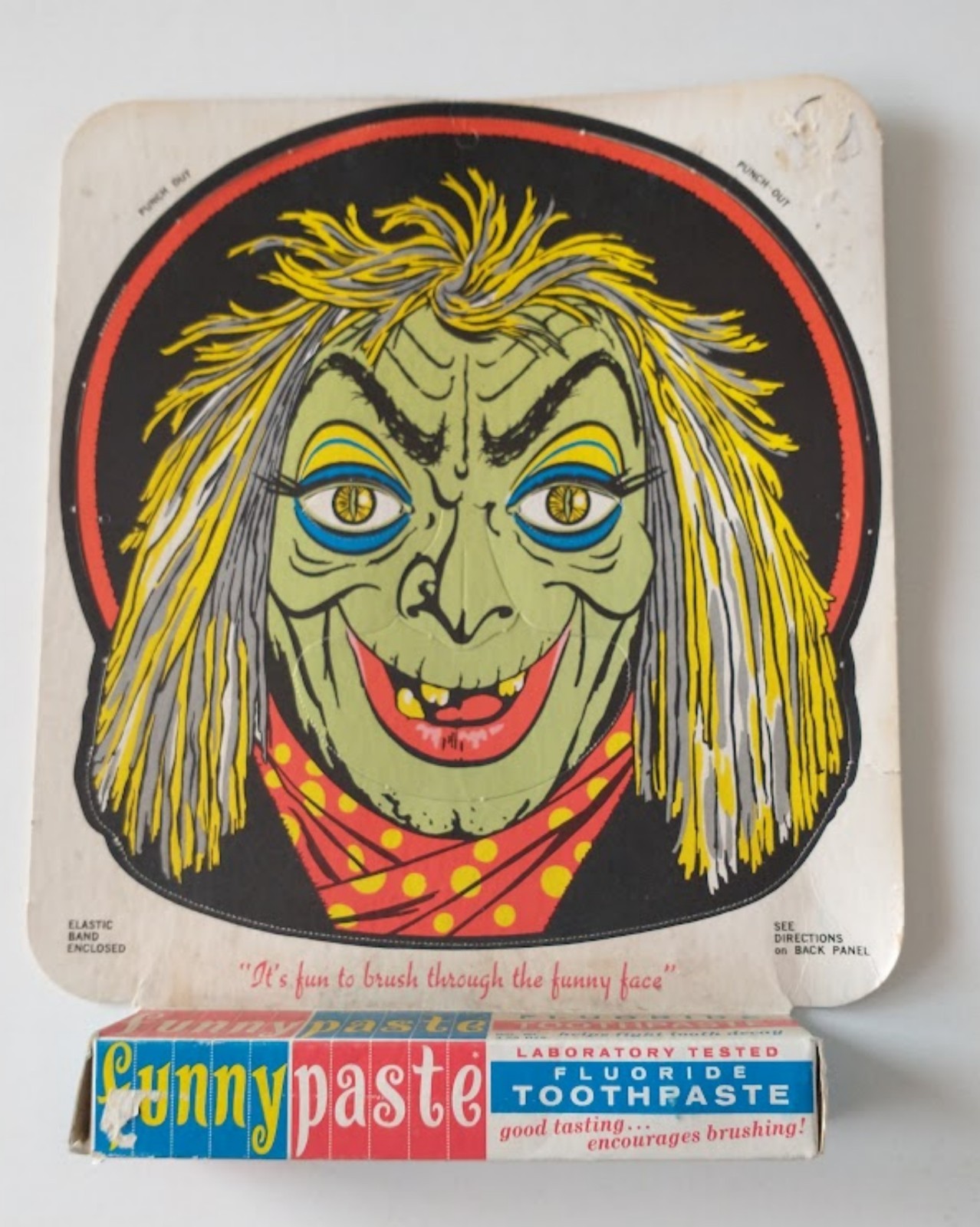 Vtg 1960s Halloween Punch-Out WITCH Mask FUNNY PASTE Toothpaste NOS in Box