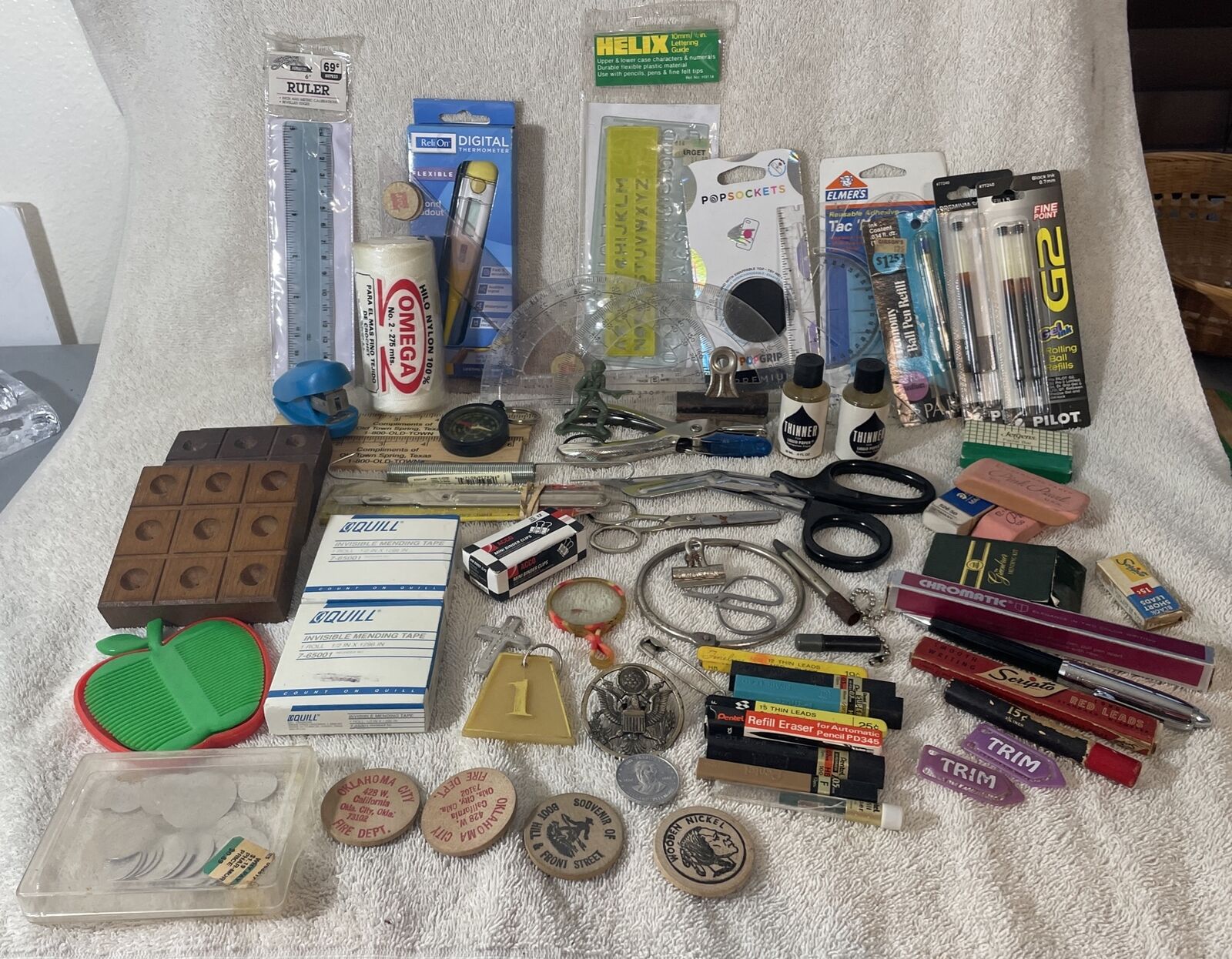 JUNK DRAWER LOT OF TOKENS, COINS, PINS, WOODEN NICKLES, OFFICE, PENCIL LEAD MISC