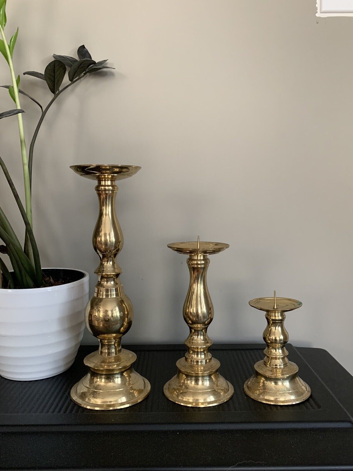 Set of 3 Tapered brass candlesticks home decor Hollywood regency