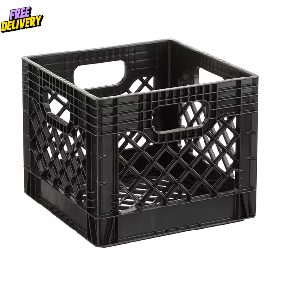 Juggernaut Storage 16QT Heavy-Duty Plastic Milk Crate Black with Built-in Handle Juggernaut Storage 16QT Heavy-Duty Plastic Milk Crate Black with Built-in Handle