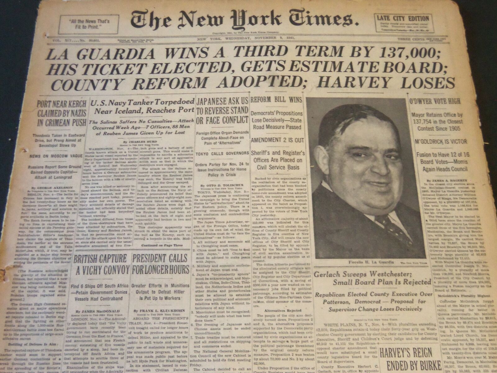 1941 NOV 5 NEW YORK TIMES - LA GUARDIA WINS A THIRD TERM BY 137,000 - NT 6314
