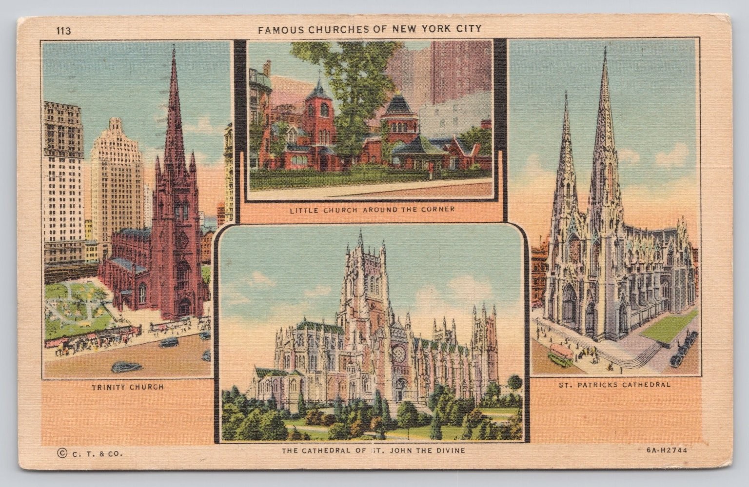 1938 NYC Famous Churches Postcard - Trinity, St. Patrick's, St. John the Divine 1938 NYC Famous Churches Postcard - Trinity, St. Patrick's, St. John the Divine
