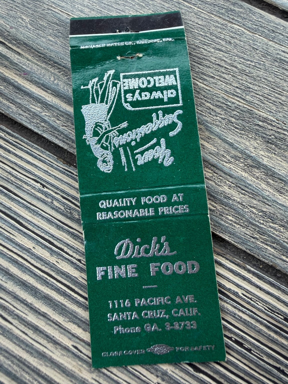 Dick's Fine Food Santa Cruz CA Vintage Green Silver Chef Graphic Matchbook