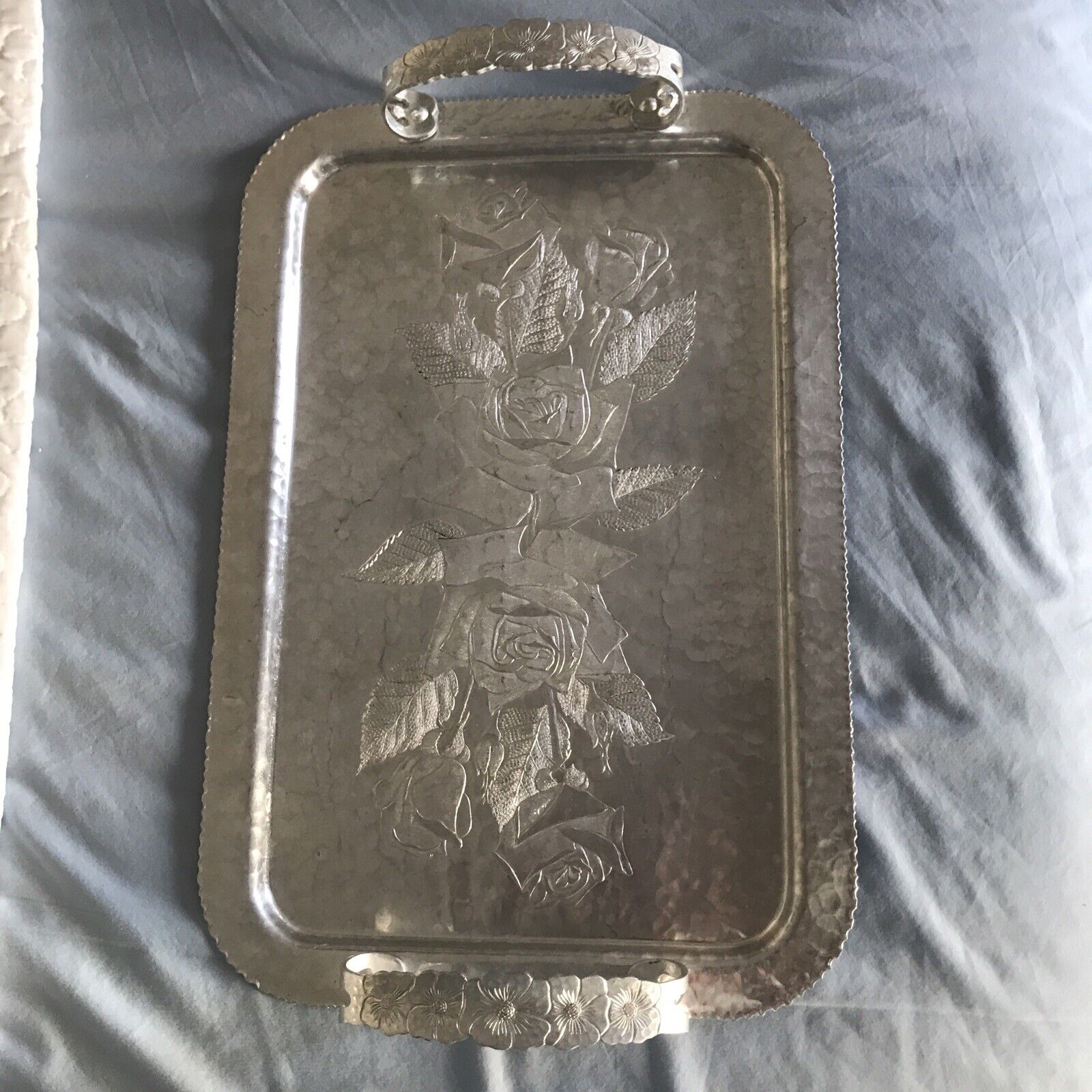 Continental Silver Co Hammered Aluminum Wild Rose Serving Tray 1950's VTG