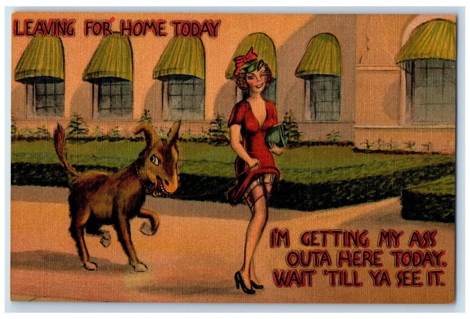c1930\'s Pretty Woman And Mule Leaving Home Today Unposted Vintage Postcard