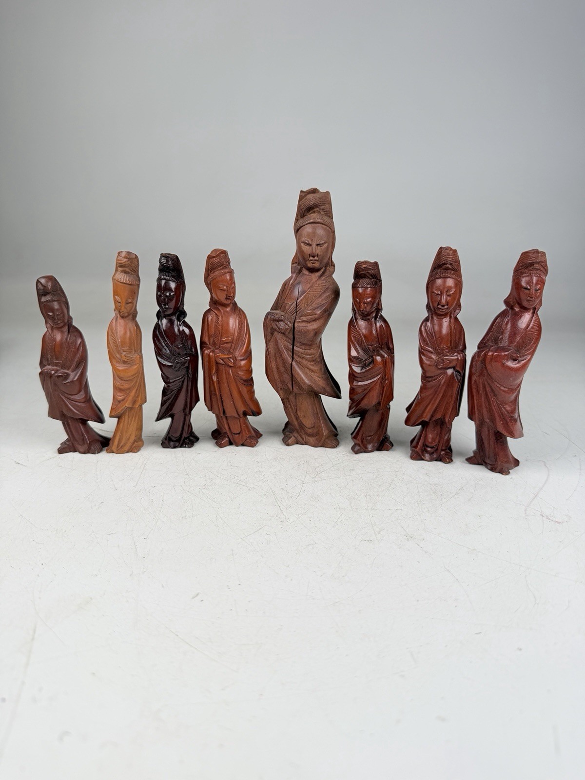8 Vintage Chinese Carved Wood Figures Immortals Maidens Boxwood Statue Lot 8 Vintage Chinese Carved Wood Figures Immortals Maidens Boxwood Statue Lot