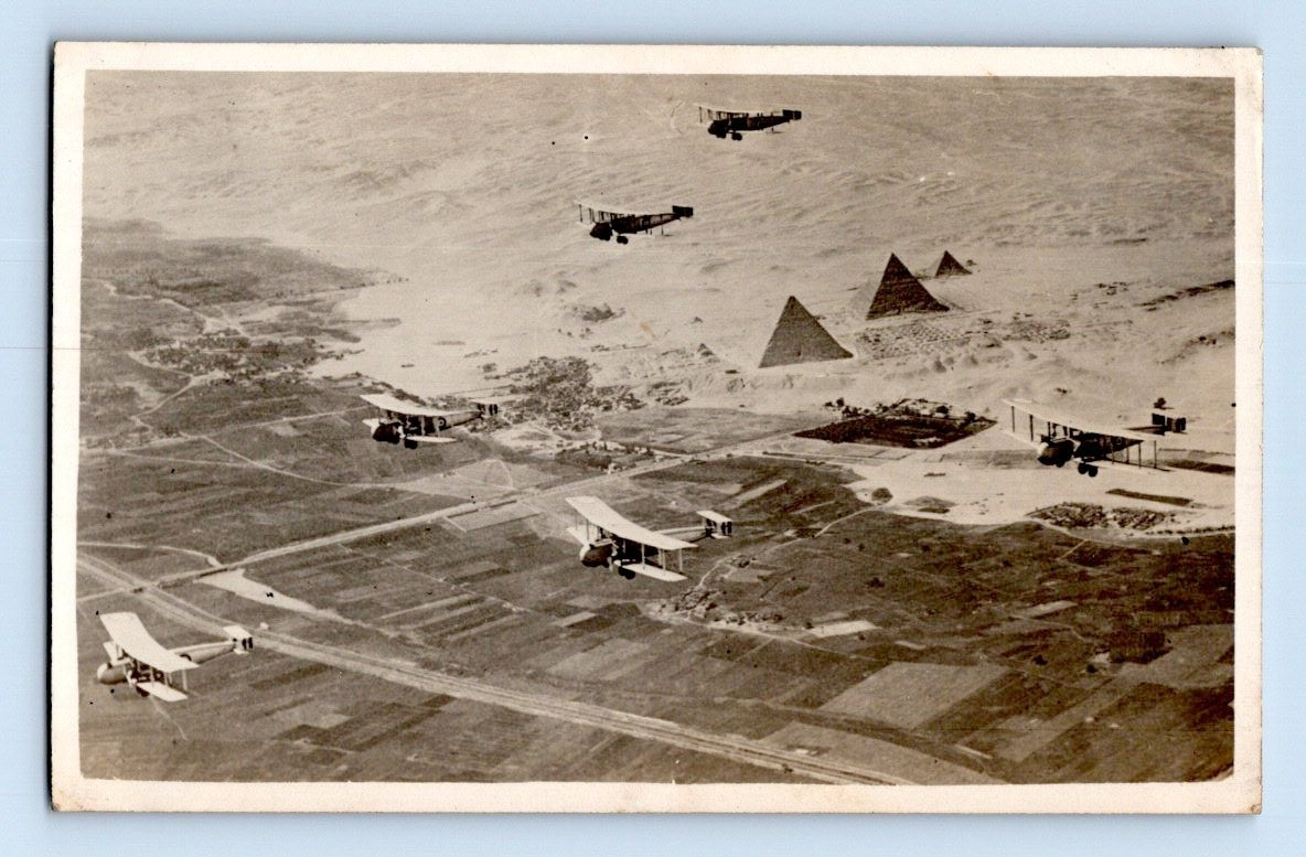 RPPC 1918. WWI FIGHTER PLANES FLYING OVER EGYPT. PYRAMIDS. RARE VIEW  POSTCARD
