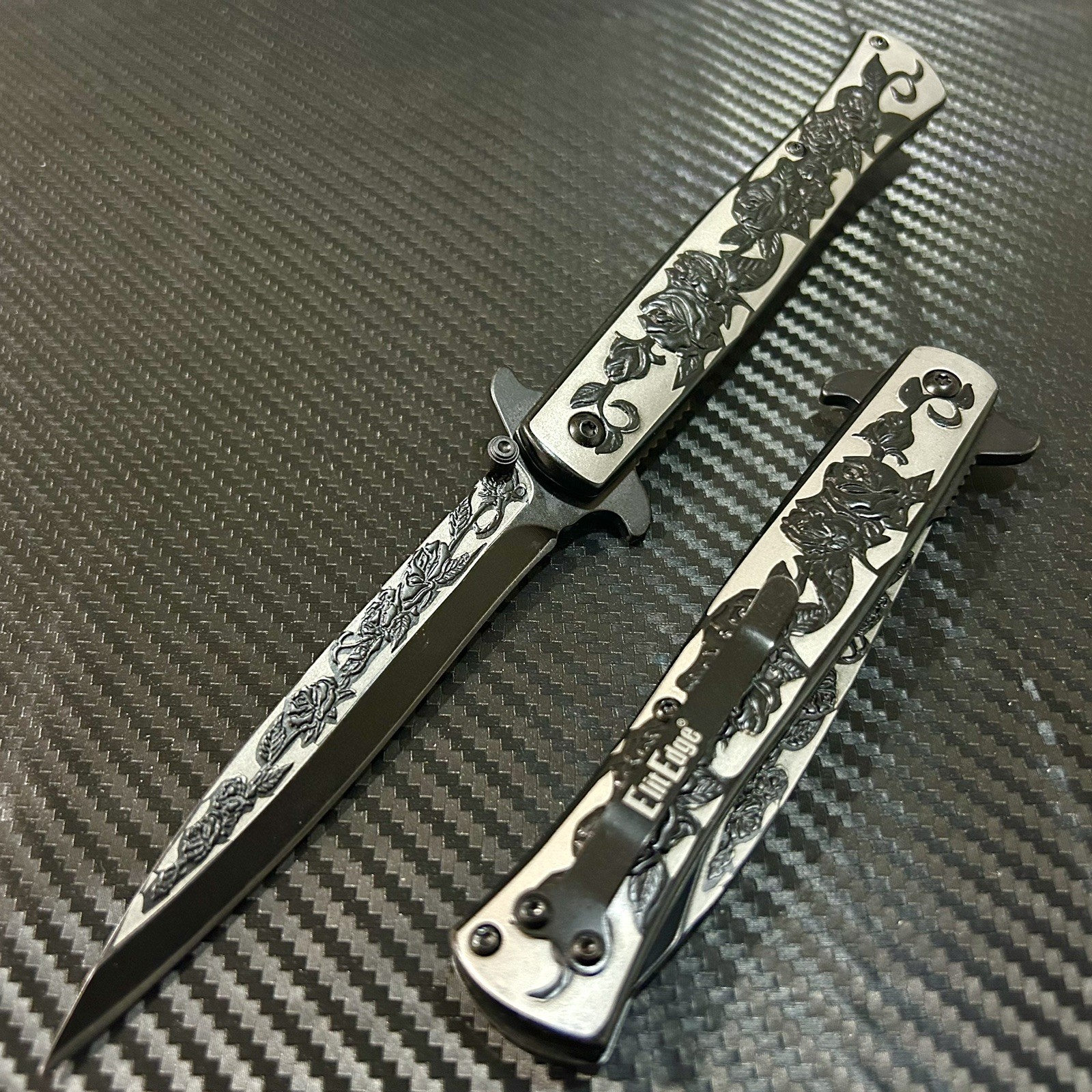 9” Black Rose Flower Tactical Spring Assisted Open Blade Folding Pocket Knife