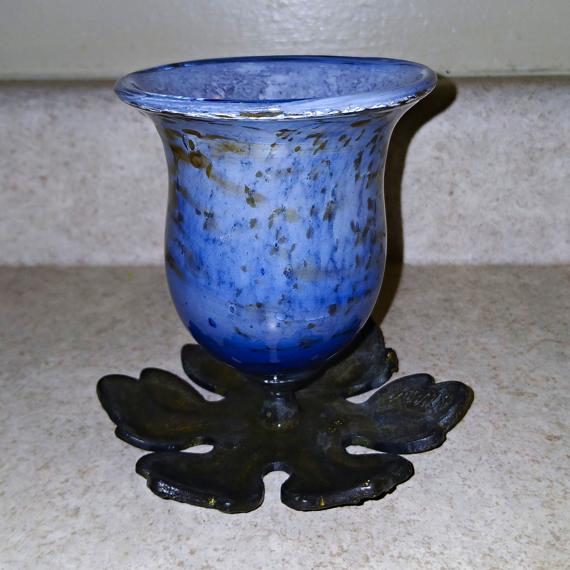Antique AMW Art Metal Works Glass Chalice Vase Nouveau Spelter Leaf Base Signed