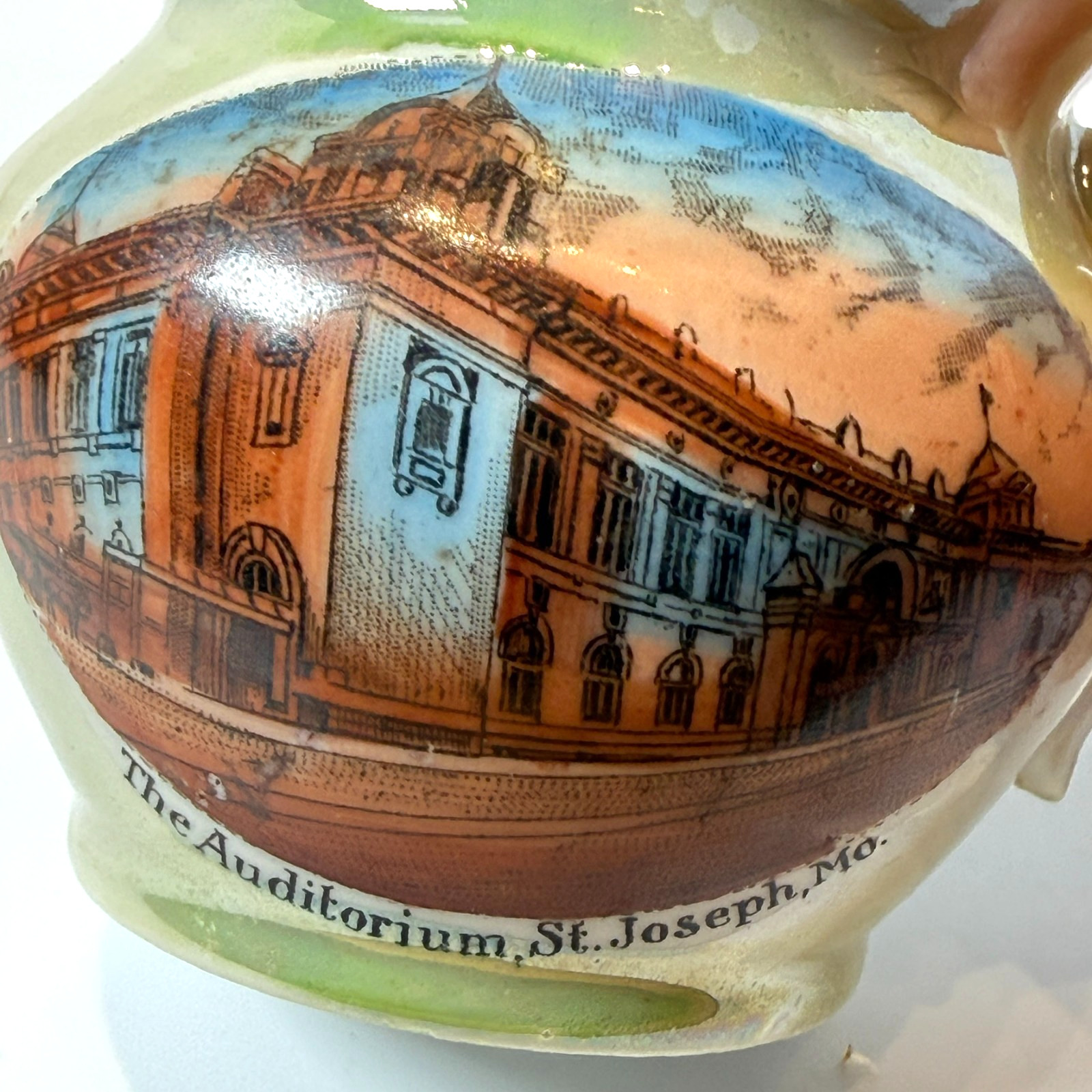 ST JOSEPH MO The Auditorium MISSOURI ANTIQUE Souvenir CHINA TRINKET PIG CUP ST JOSEPH MO The Auditorium MISSOURI ANTIQUE Souvenir CHINA TRINKET PIG CUP