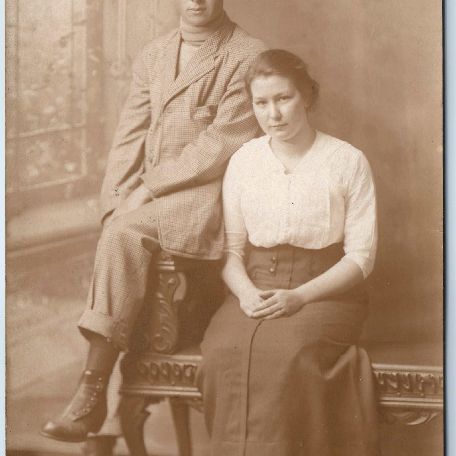 c1910s Studio Portrait Young Couple RPPC Fashion Suit High Lace Boots Postcard c1910s Studio Portrait Young Couple RPPC Fashion Suit High Lace Boots Postcard
