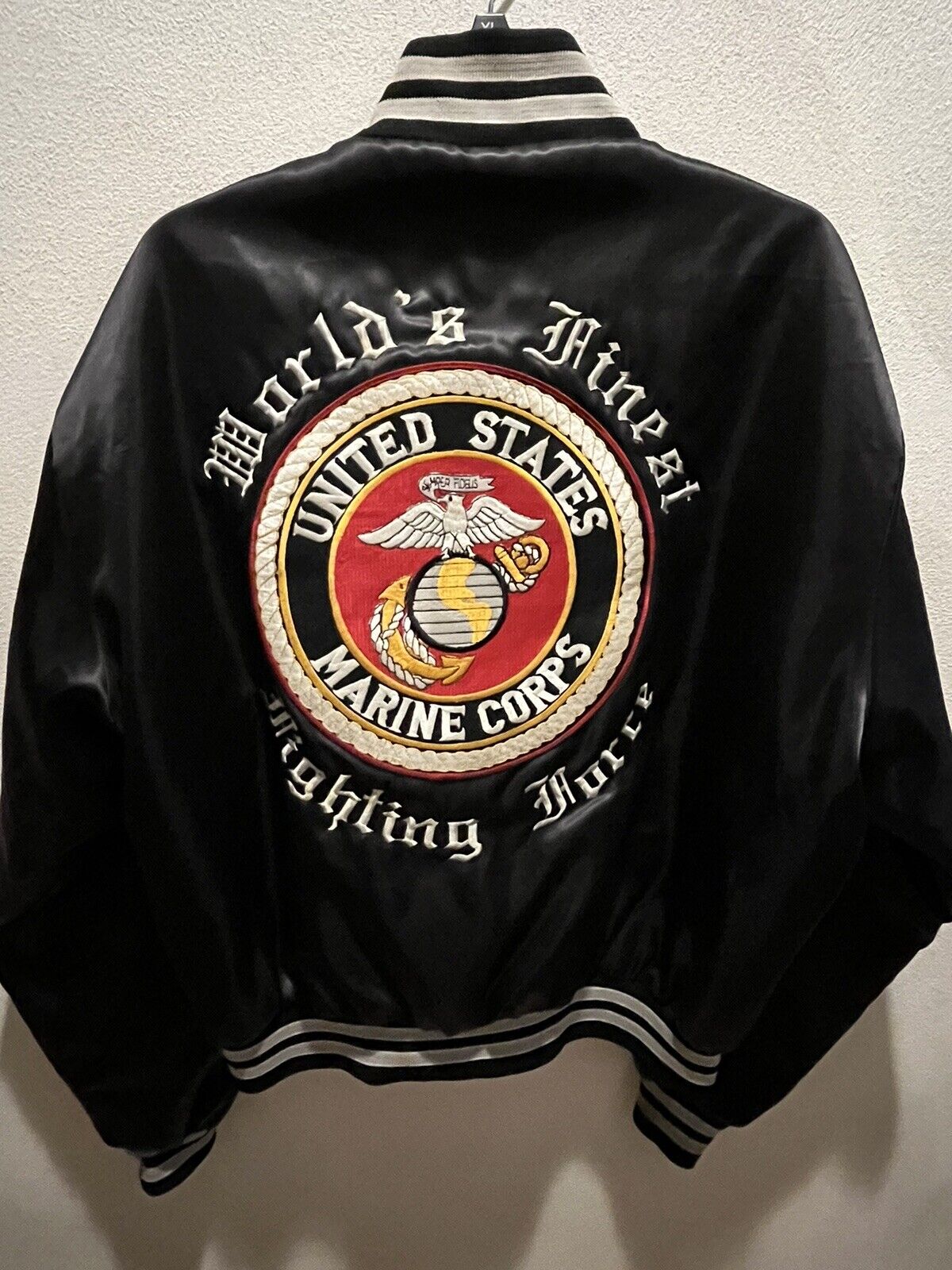 Vintage US Marine Corps Jacket Black Satin Patch Embroidered Marines Fighting XL