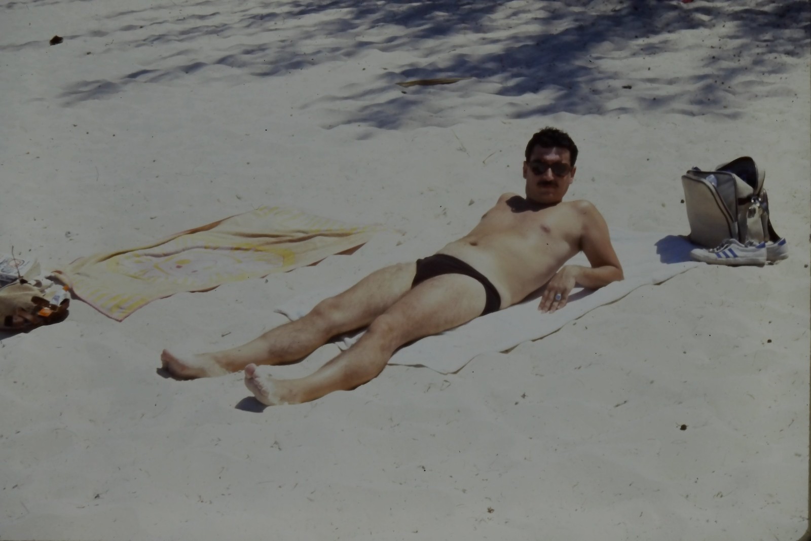 c1970\'s 35mm Slide, Man Sunbathing, Beach Scene, Adidas Sneakers summer Sandy