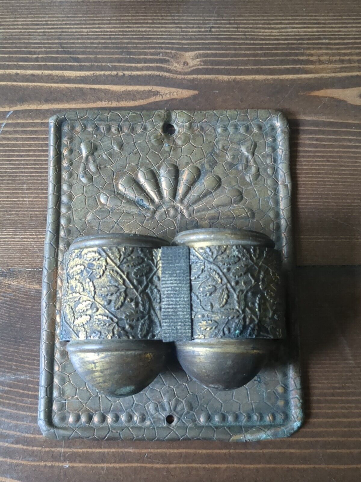 Vintage Match Holder Wall Pocket Punched Tin Metal Stamped Patina Fireplace Vtg