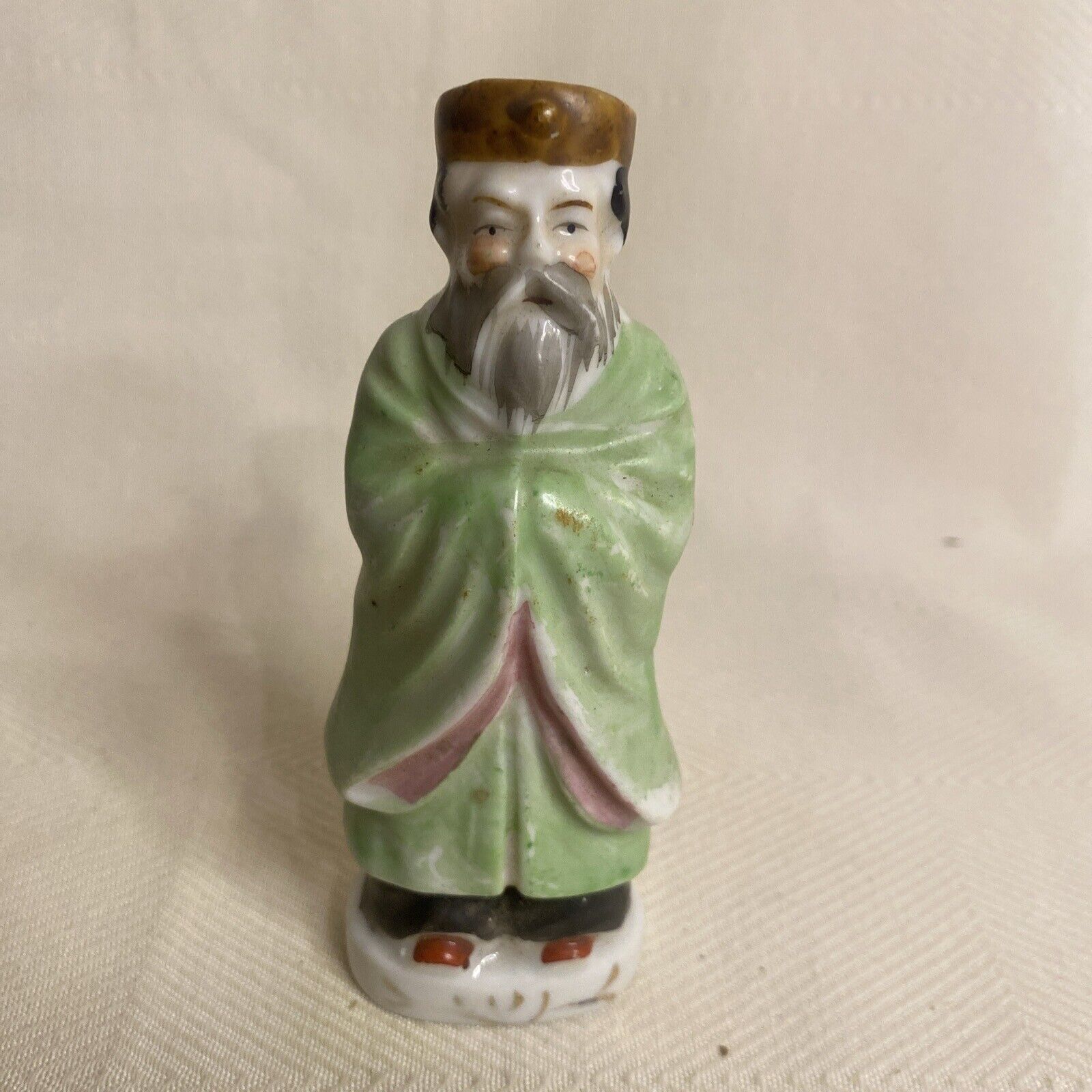 Vintage Asian Man Figurine Porcelain Japan Green Coat Figure