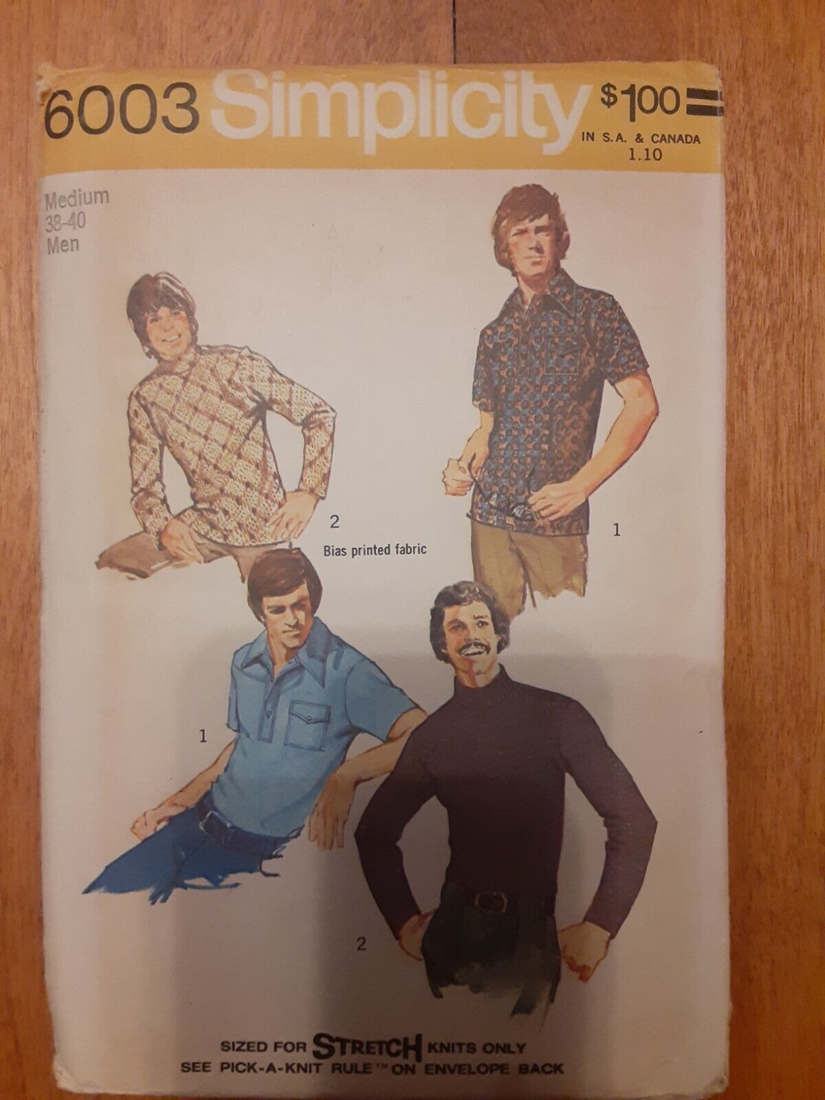 1973 Simplicity # 6003 Men's Size 38-40 Medium Shirts-2 Styles For Stretch Knit