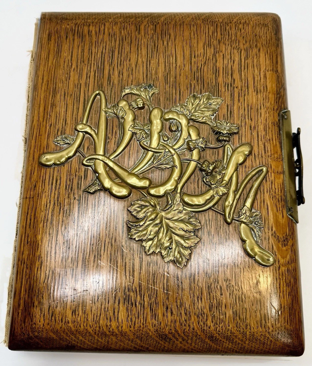Antique 1890’s Victorian Photo Album Wooden Cover w/ Brass Letters + 44 Photos