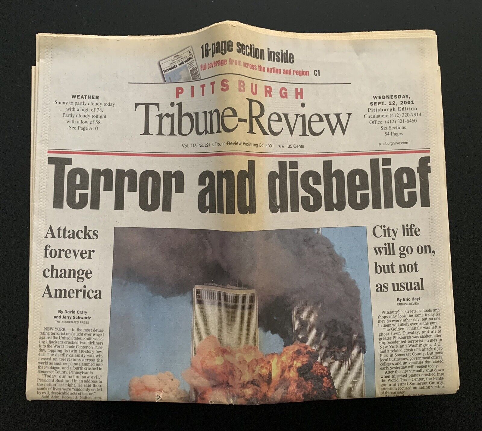 Pittsburgh Tribune-Review Terror and Disbelief September 11th Attacks Newspaper